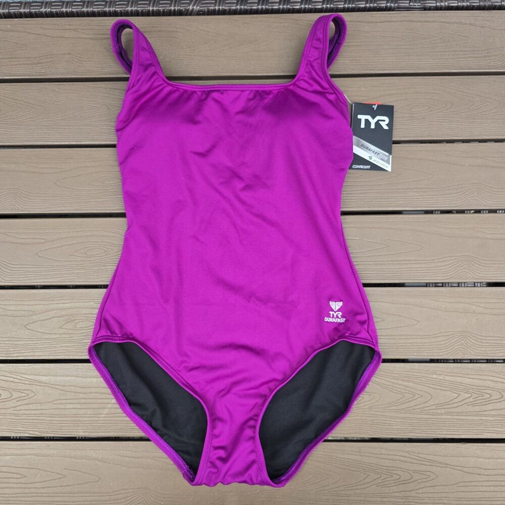 TYR Durafast Elite Solid Purple Scoop Neck Tank One Piece Swimsuit Size 8 New